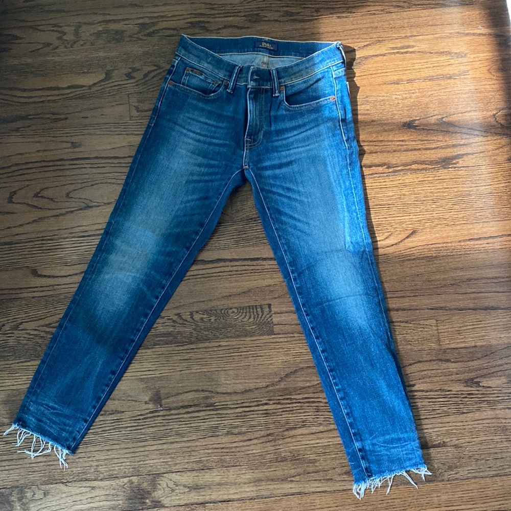 Polo boot cut jeans with cut off bottoms. Hit at ankle (I’m 5 4”)